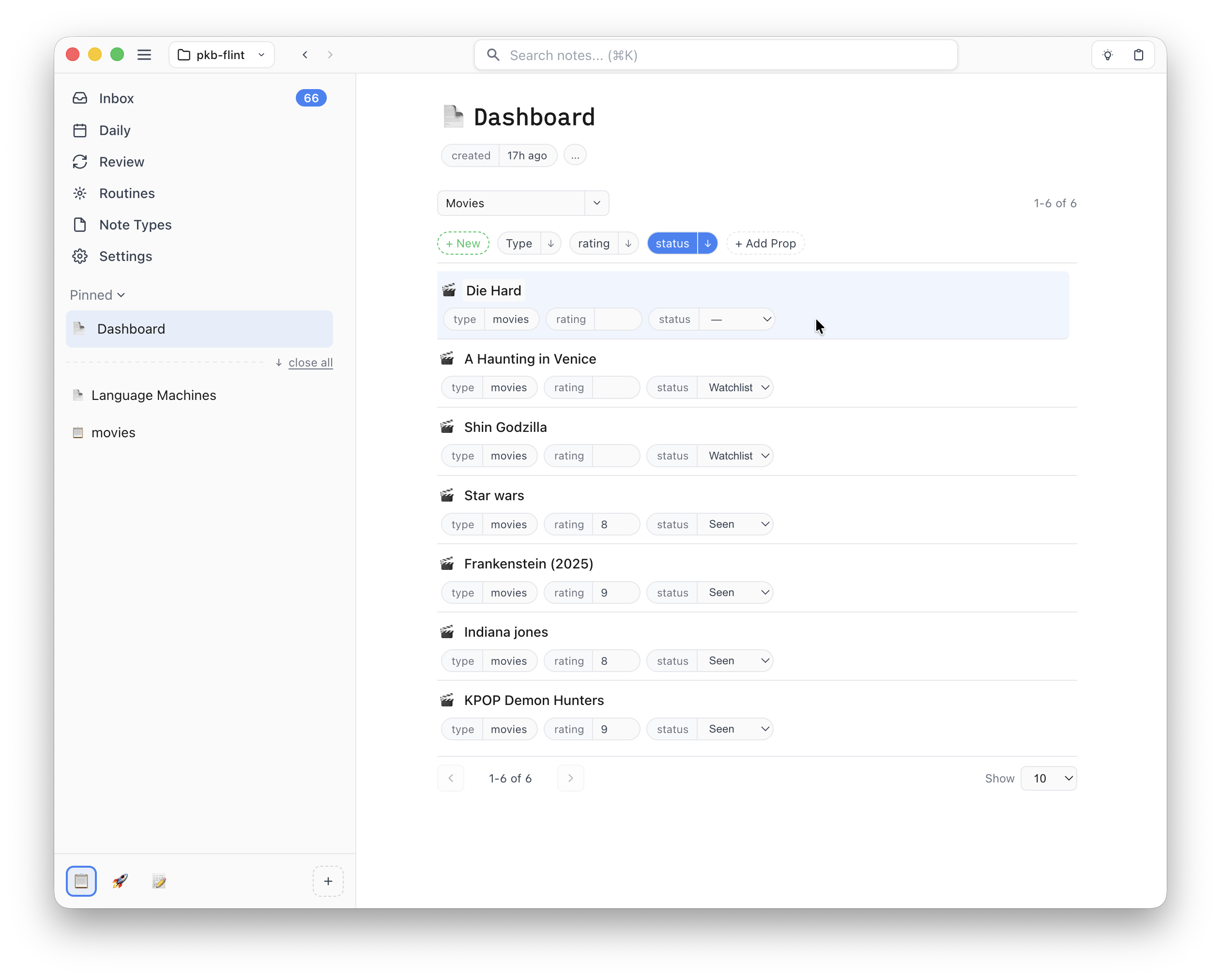 Screenshot of a Deck showing a list of movies