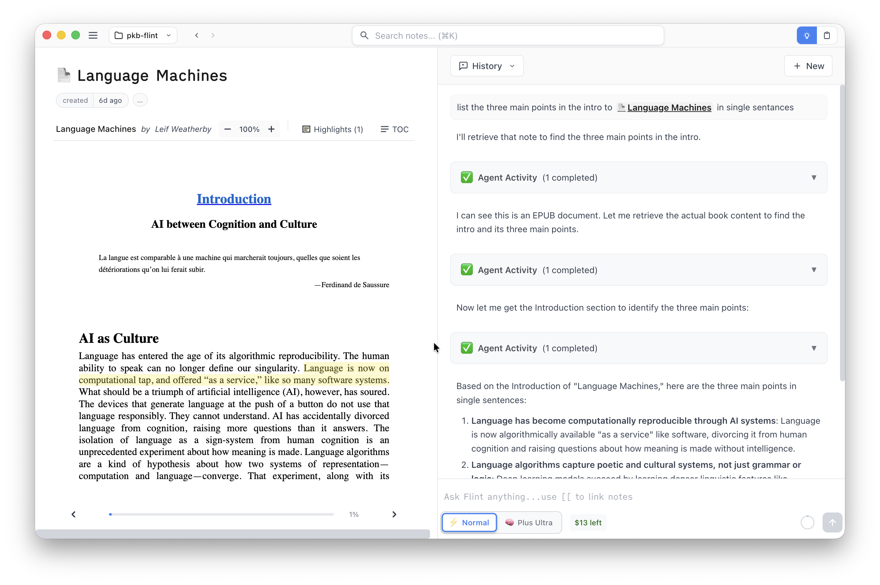 Screenshot of an EPUB of "Language Machines" with the agent giving a summary of the introduction.