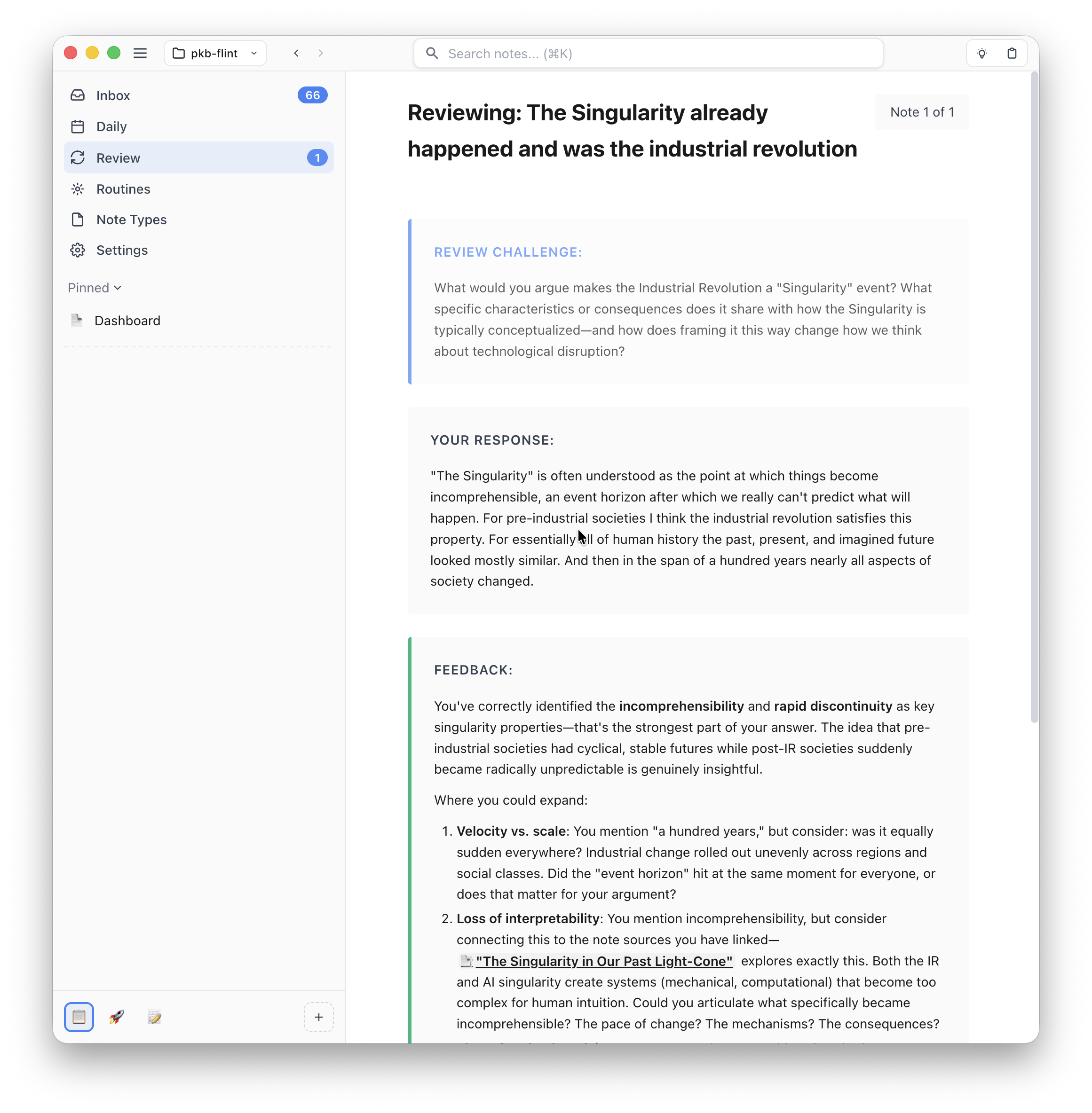 Reviewing a note with agent prompts and feedback
