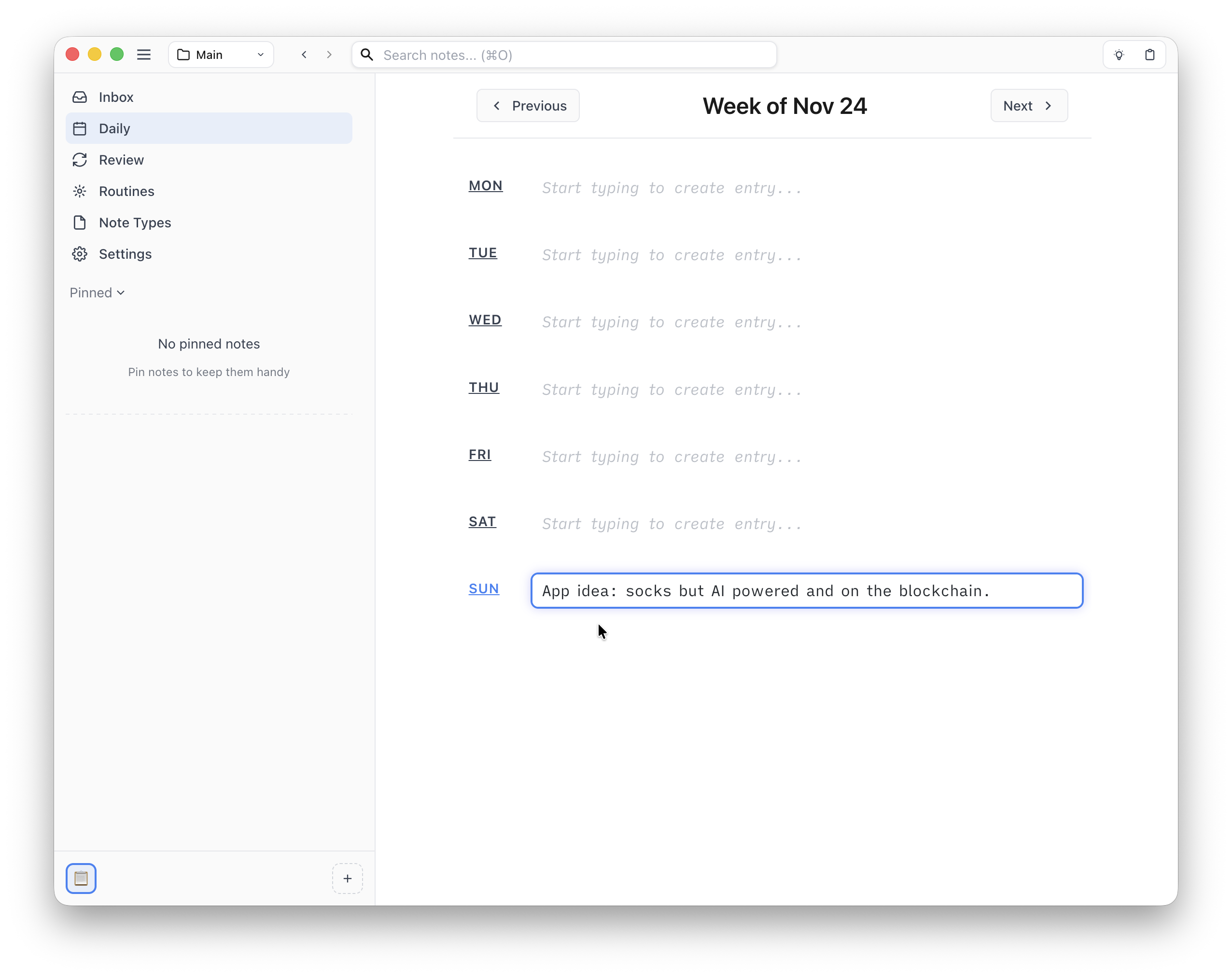 Screenshot showing Daily view with the entry "App idea: socks but AI powered and on the blockchain."