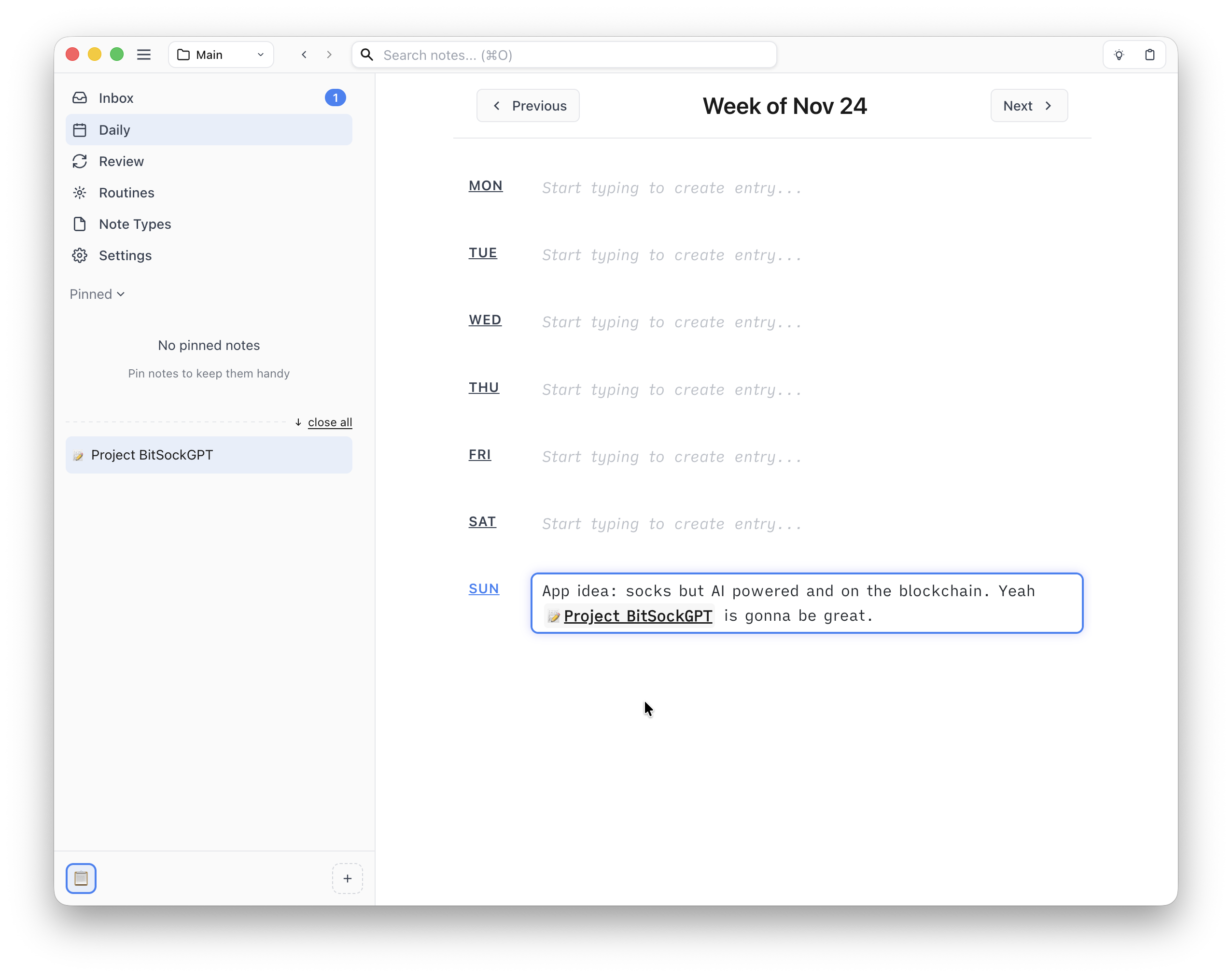 Screenshot showing a new note being created "Project BitSockGPT"